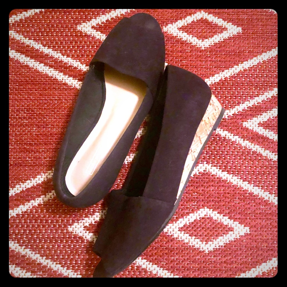 Peep toe espadrille style flat with cork heel